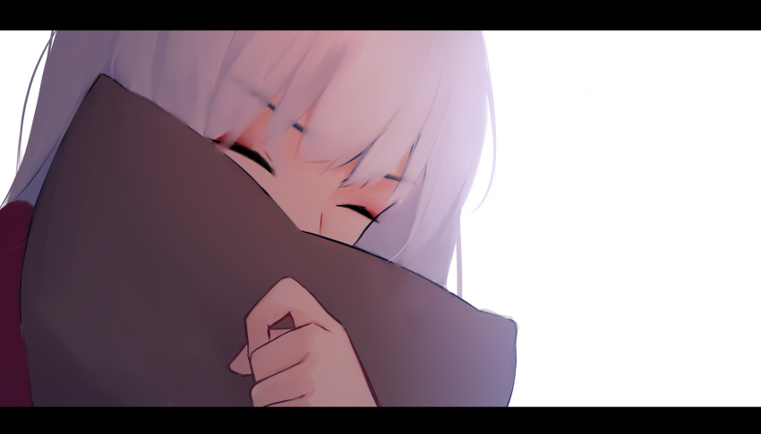 1girl bangs closed_eyes covering_mouth eyebrows_visible_through_hair facing_viewer hand_up highres letterboxed long_hair object_hug original pillow pillow_hug red_shirt shimmer shirt silver_hair solo white_background