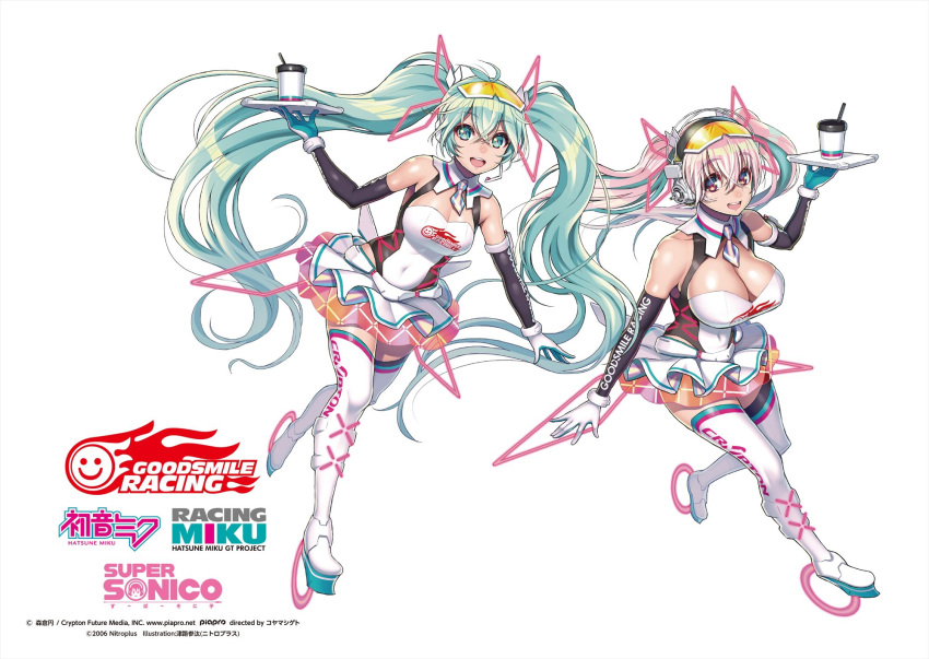 2girls boots breasts character_name cleavage_cutout clothing_cutout coffee_cup commentary_request cosplay covered_navel crossover cup detached_sleeves disposable_cup gloves goodsmile_racing gradient_hair hatsune_miku hatsune_miku_(cosplay) high_heels highres holding holding_tray large_breasts logo medium_breasts multicolored_hair multiple_girls nitroplus open_hand open_mouth pink_eyes pink_hair racing_miku_(2021) skating super_sonico thigh-highs thigh_boots tray tsuji_santa twintails vocaloid white_background white_gloves