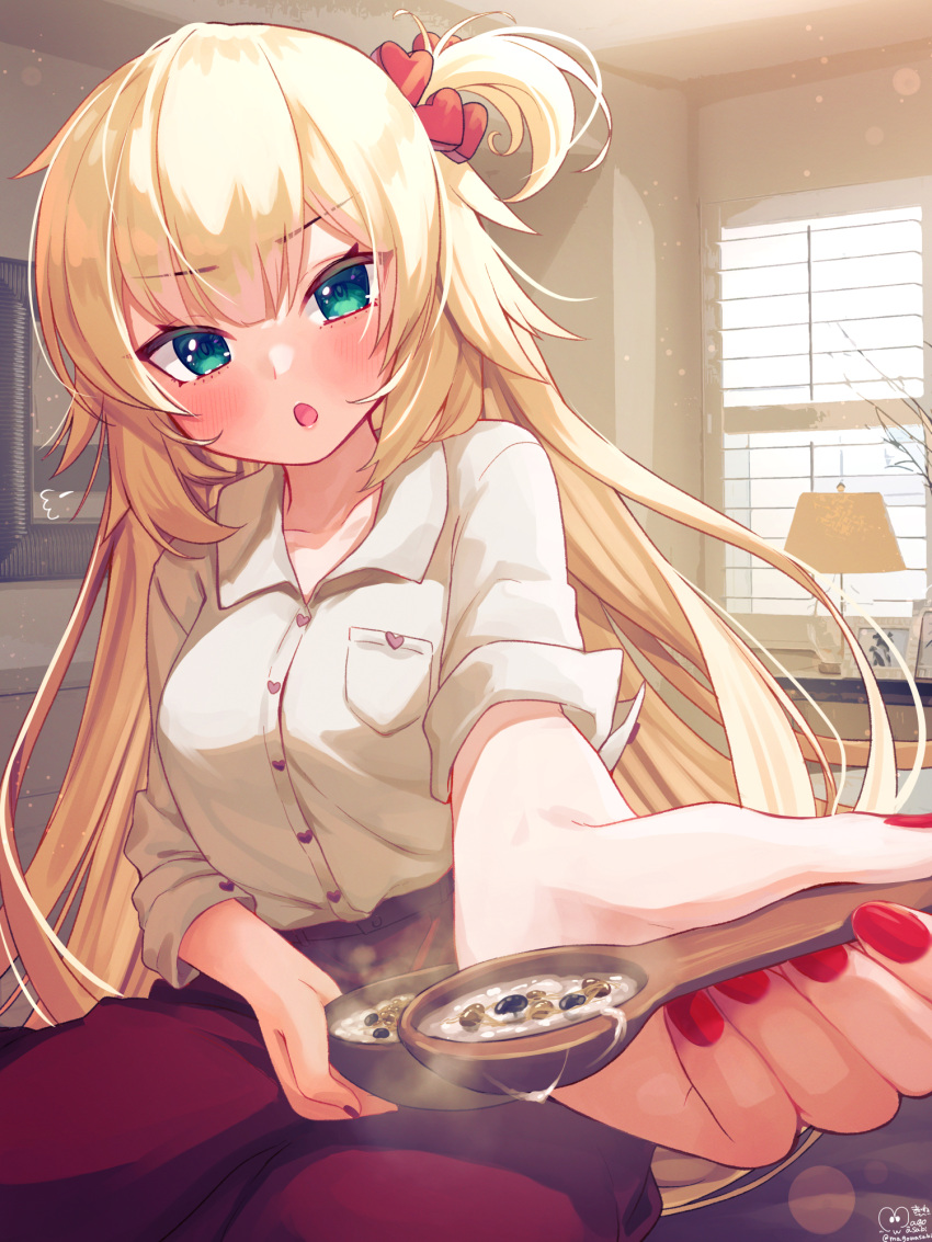 1girl :o akai_haato aqua_eyes bangs blonde_hair blush bowl breasts collared_shirt commentary_request eyebrows_visible_through_hair fingernails foreshortening hair_ornament heart heart_hair_ornament highres holding holding_bowl holding_spoon hololive indoors long_hair long_sleeves looking_at_viewer magowasabi medium_breasts nail_polish one_side_up outstretched_arm pants porridge red_nails red_pants revision shirt signature sitting solo spoon twitter_username very_long_hair virtual_youtuber white_shirt window