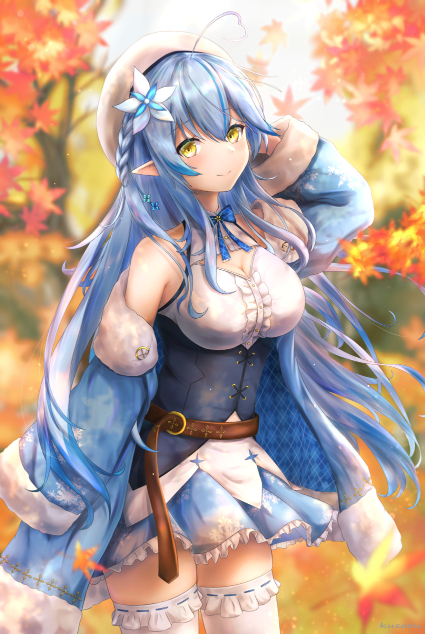 1girl amano_kusatsu artist_name autumn autumn_leaves bangs belt beret blue_coat blue_hair bow bowtie braid breasts closed_mouth coat coat_lift dress eyebrows_visible_through_hair flower hair_flower hair_ornament hand_on_head hat highres hololive leaf long_hair looking_at_viewer maple_leaf medium_breasts pointy_ears smile solo standing thigh-highs virtual_youtuber white_legwear yellow_eyes yukihana_lamy