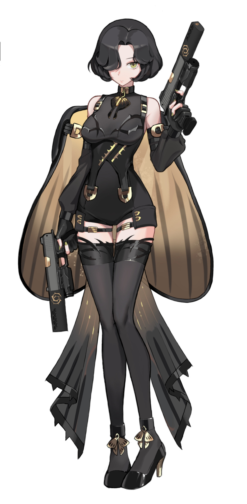 1girl absurdres black_hair black_legwear black_survival breasts dual_wielding full_body green_eyes gun hair_over_one_eye high_heels highres holding holding_gun holding_weapon looking_at_viewer obex117 rozzi_(black_survival) short_hair simple_background small_breasts thigh-highs weapon white_background