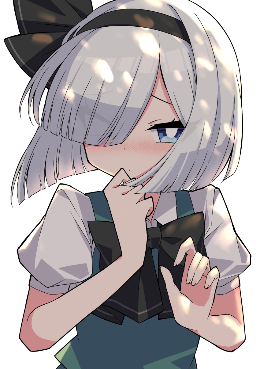1girl absurdres bangs black_bow black_hairband black_neckwear blue_eyes blunt_bangs blush bow bowtie bright_pupils closed_mouth eyebrows_visible_through_hair eyes_visible_through_hair green_vest hair_over_one_eye hairband half-closed_eyes highres konpaku_youmu looking_at_viewer puffy_short_sleeves puffy_sleeves shirt short_hair short_sleeves silver_hair simple_background solo touhou tsukimirin upper_body vest white_background white_pupils white_shirt