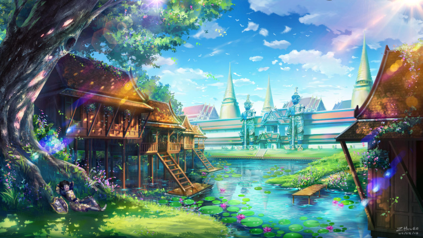 1boy architecture armor arms_behind_head bangs bird black_shirt blue_sky breastplate brown_pants building castle city closed_eyes closed_mouth clouds commission dated day english_commentary flower flying full_body grass highres house lens_flare lily_pad lotus novice_(ragnarok_online) outdoors pants pier pink_flower purple_flower ragnarok_online reflective_water river scenery shield shirt short_hair signature sitting sky solo statue sunlight tree under_tree water wind zhowee14