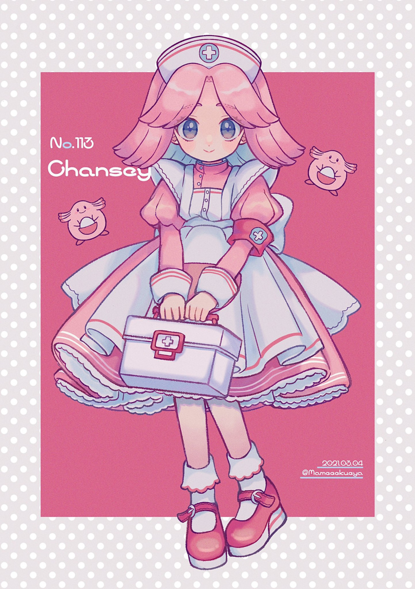 1girl artist_name bangs blush box chansey character_name closed_mouth commentary_request creature_and_personification dated dress eyebrows_visible_through_hair frills gen_1_pokemon grey_eyes hat highres holding holding_box long_hair long_sleeves mameeekueya number nurse nurse_cap parted_bangs pigeon-toed pink_hair pokedex_number pokemon shiny shiny_hair shoes smile socks white_headwear white_legwear