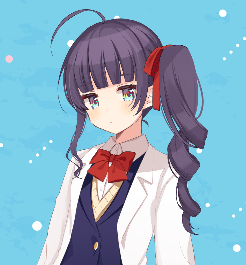 1girl absurdres ahoge bow character_request highres indie_virtual_youtuber medium_hair multicolored multicolored_eyes ponytail purple_hair school_uniform shigure_ui virtual_youtuber