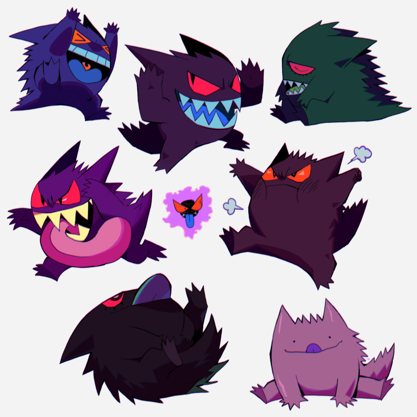 &gt;_&lt; :i absurdres arms_up black_eyes closed_eyes commentary gastly gen_1_pokemon gengar heart heart_in_mouth highres megadinkloid open_mouth pokemon pokemon_(creature) sharp_teeth simple_background smile teeth tongue tongue_out transformed_ditto white_background