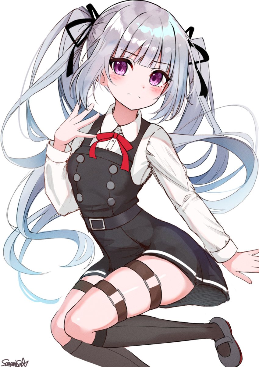 1girl alternate_eye_color alternate_hairstyle artist_name belt belt_buckle black_belt black_dress black_legwear black_ribbon blush buckle buttons closed_mouth collared_shirt dress eyebrows_visible_through_hair grey_hair hair_ribbon highres kantai_collection kasumi_(kancolle) kneehighs loafers long_hair long_sleeves pinafore_dress red_ribbon remodel_(kantai_collection) ribbon rudder_footwear sazamiso_rx shirt shoes signature simple_background solo twintails violet_eyes white_background white_shirt