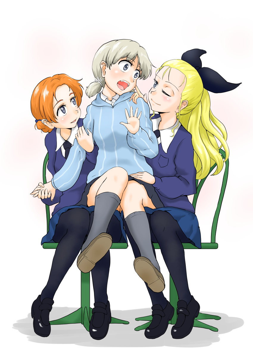 3girls ;) absurdres aki_(girls_und_panzer) arm_grab assam_(girls_und_panzer) bangs black_bow black_footwear black_legwear black_neckwear black_ribbon black_skirt blonde_hair blue_eyes blue_shirt blue_skirt blue_sweater bow braid brown_footwear chair dress_shirt frown girl_sandwich girls_und_panzer grey_legwear hair_bow hair_pulled_back hair_ribbon hair_tie hand_on_another's_leg hand_on_another's_shoulder head_tilt highres holding_hands keizoku_school_uniform light_brown_hair loafers long_hair long_sleeves looking_at_another low_twintails mashalxxxxxx miniskirt multiple_girls necktie on_lap one_eye_closed open_mouth orange_hair orange_pekoe_(girls_und_panzer) pantyhose parted_bangs pleated_skirt ribbon sandwiched school_uniform shirt shoes short_hair short_twintails simple_background skirt smile socks st._gloriana's_school_uniform striped striped_shirt sweater tied_hair twintails v-neck vertical-striped_shirt vertical_stripes white_background white_shirt wing_collar