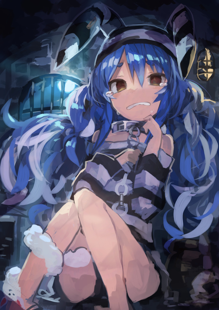 1girl absurdres alternate_costume alternate_hairstyle animal_ears blue_hair chain collar crying don-chan_(usada_pekora) hair_down hat highres hololive hololive_fantasy kaamin_(mariarose753) long_hair looking_at_viewer metal_collar multicolored_hair orange_eyes prison prison_cell prison_clothes rabbit_ears rabbit_girl short_eyebrows solo striped striped_headwear thick_eyebrows two-tone_hair usada_pekora virtual_youtuber white_hair
