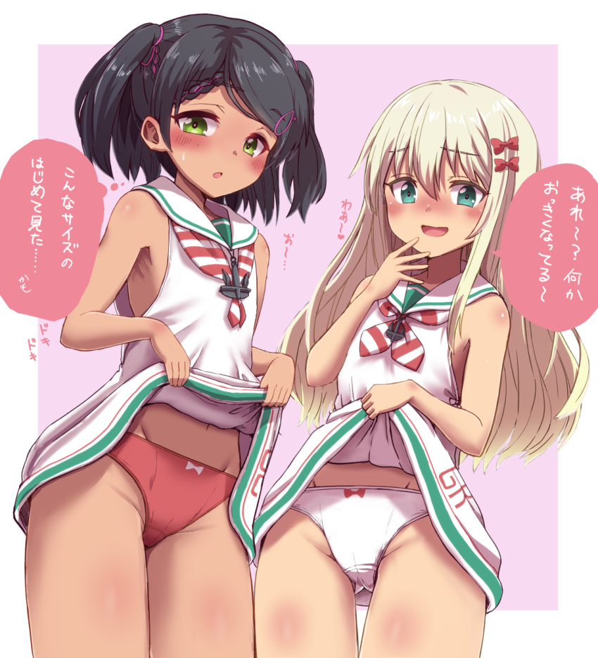 2girls aqua_eyes bangs black_hair blonde_hair blush dress dress_lift eyebrows_visible_through_hair grecale_(kancolle) green_eyes hair_between_eyes hair_ornament hair_ribbon hairclip highres kantai_collection lifted_by_self long_hair multiple_girls open_mouth panties red_panties ribbon sailor_dress scirocco_(kancolle) simple_background sleeveless sleeveless_dress speech_bubble striped striped_neckwear sweat translation_request two-tone_background unagiman underwear white_dress white_panties