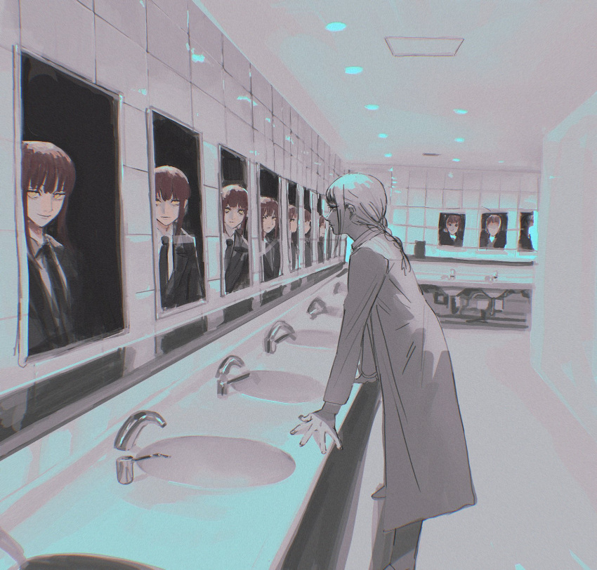 1girl bathroom black_coat braid braided_ponytail ceiling_light chainsaw_man closed_mouth coat collared_shirt commentary different_reflection dress_shirt full_body highres indoors looking_at_viewer makima_(chainsaw_man) makimasansuki medium_hair mirror multiple_views open_clothes open_coat redhead reflection ringed_eyes shirt sink smile smirk standing tile_wall tiles trench_coat white_shirt wing_collar yellow_eyes