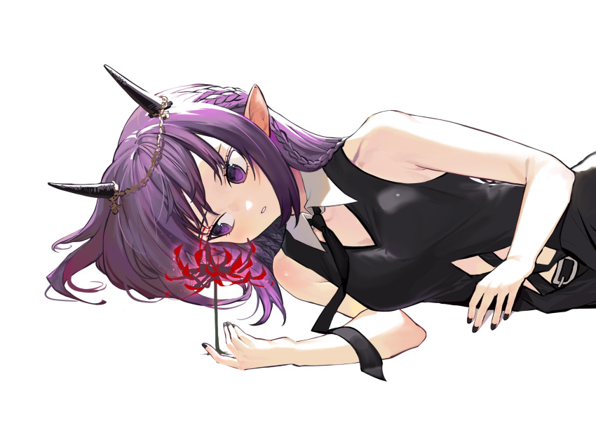1girl arknights bangs bare_arms bare_shoulders black_dress black_nails black_neckwear braid breasts cross_neko dress flower head_chain highres lava_(arknights) long_hair lying nail_polish necktie on_side parted_lips pointy_ears purgatory_(arknights) purple_hair red_flower simple_background sleeveless sleeveless_dress small_breasts solo upper_body violet_eyes white_background