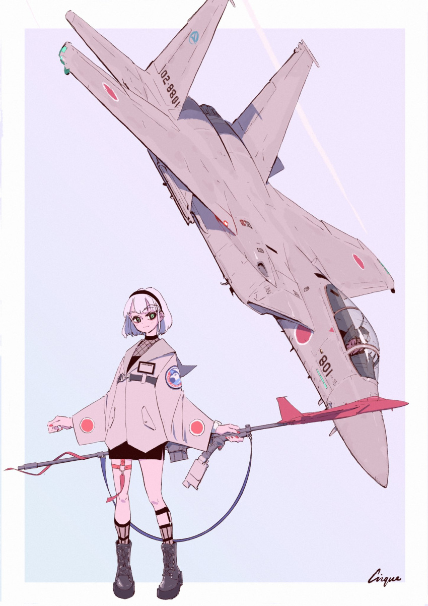 1boy 1girl aircraft airplane bangs black_hairband canopy cirque_du_ciel f-15_eagle fighter_jet flying green_eyes hair_behind_ear hairband highres holding holding_lance holding_polearm holding_weapon id_card jet lance looking_to_the_side military military_vehicle original personification pilot polearm red_nails short_hair smile weapon white_hair