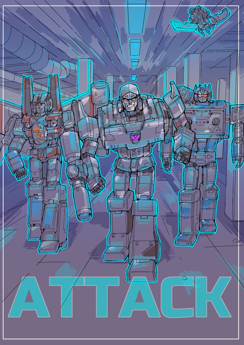 4boys absurdres airplane_wing arm_cannon clenched_hands decepticon glowing glowing_eyes highres insignia konachang laserbeak male_focus mecha megatron multiple_boys no_humans red_eyes science_fiction smile soundwave starscream transformers walking weapon