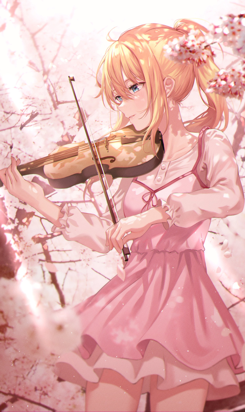 1girl absurdres blonde_hair cherry_blossoms commentary_request day highres holding instrument long_hair looking_to_the_side miyazono_kawori music outdoors pink_skirt playing_instrument ponytail shigatsu_wa_kimi_no_uso shirt skirt solo tokkyu violin