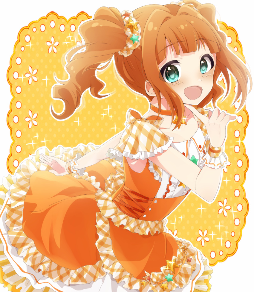 1girl :d bangs blush bracelet choker collarbone dress eyebrows_visible_through_hair finger_to_own_chin floral_print frilled_dress frills glint green_eyes hair_intakes hair_ornament hair_scrunchie highres idolmaster idolmaster_million_live! idolmaster_million_live!_theater_days jewelry looking_at_viewer looking_to_the_side open_mouth orange_dress orange_hair scrunchie smile solo star_ornament takatsuki_yayoi twintails yaegashi_(yegs1227)