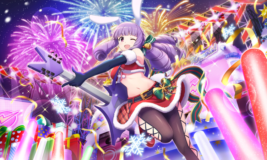 1girl animal_ears artist_request bell bikini blush breasts bunny_tail christmas christmas_present chuchu_(show_by_rock!!) drill_hair eyebrows_visible_through_hair fireworks fishnet_legwear fishnets guitar hair_bell hair_ornament instrument long_hair looking_at_viewer navel official_art one_eye_closed open_mouth purple_hair rabbit_ears santa_bikini santa_dress shiny shiny_hair show_by_rock!! smile solo swimsuit tail under_boob violet_eyes