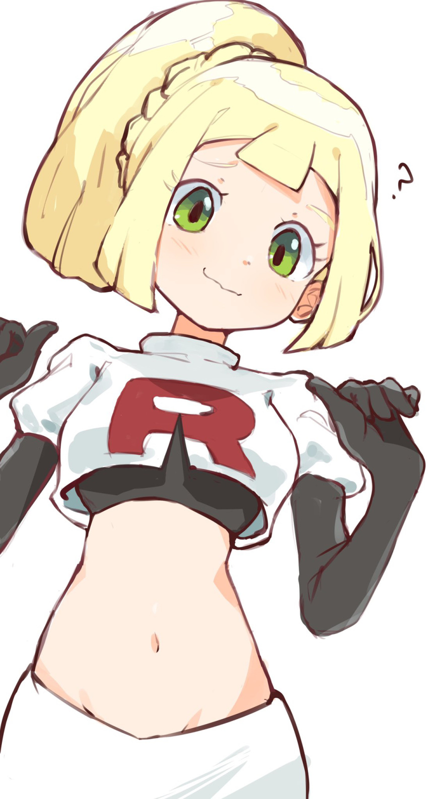 1girl ? bangs black_gloves blonde_hair blunt_bangs blush braid closed_mouth commentary cosplay cropped_jacket elbow_gloves eyelashes gloves green_eyes hands_up highres jacket jessie_(pokemon) jessie_(pokemon)_(cosplay) lillie_(pokemon) long_hair midriff navel pokemon pokemon_(game) pokemon_sm ponytail raised_eyebrows shiny shiny_hair simple_background skirt smile solo suke_(sk_srn) team_rocket_uniform white_background white_jacket white_skirt