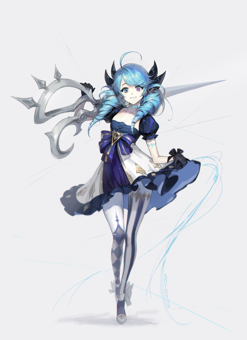 1girl absurdres bangs black_gloves blue_dress blue_eyes blue_hair clothes_pull crossed_legs dress dress_pull drill_hair eyebrows_behind_hair flat_chest gloves grey_background gwen_(league_of_legends) highres holding holding_scissors juliet_sleeves league_of_legends long_sleeves medium_hair over_shoulder oversized_object puffy_sleeves scissors single_thighhigh solo soyoong_jun stitched_neck thigh-highs twin_drills twintails