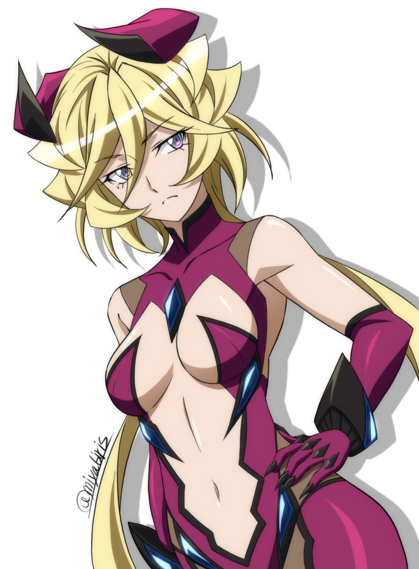 1girl blonde_hair blue_eyes bodysuit breasts carol_malus_dienheim clothing_cutout elbow_gloves gloves hand_on_hip highres long_hair looking_at_viewer medium_breasts miyabi_mt-b mole mole_under_eye navel_cutout older purple_bodysuit senki_zesshou_symphogear shiny shiny_hair shiny_skin simple_background solo standing white_background