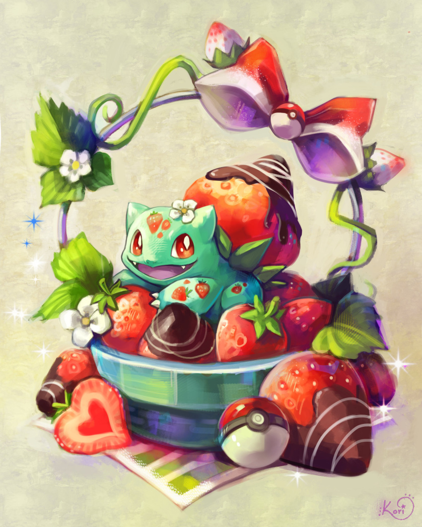 absurdres bow bulbasaur chocolate claws commentary fangs food fruit gen_1_pokemon highres koriarredondo looking_at_viewer looking_to_the_side no_humans open_mouth orange_eyes poke_ball poke_ball_(basic) pokemon pokemon_(creature) signature smile solo sparkle strawberry tongue