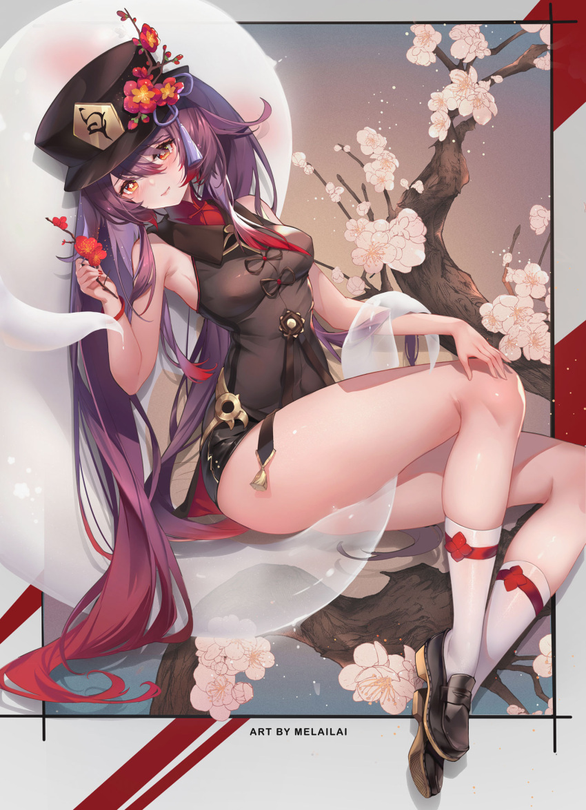 1girl bangs black_headwear blush breasts brown_hair flower genshin_impact hat hat_flower highres hu_tao long_hair looking_at_viewer melailai plum_blossoms red_eyes small_breasts symbol-shaped_pupils twintails very_long_hair