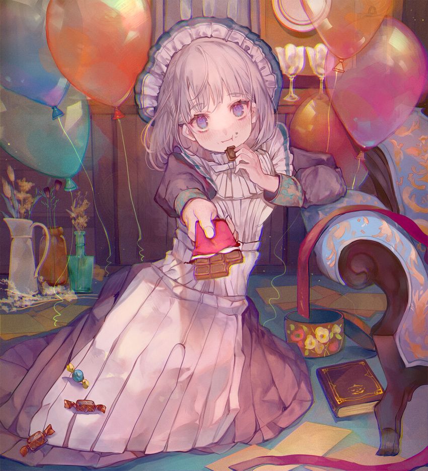 1girl ahoge apron balloon book candy candy_wrapper cha_goma chair chocolate chocolate_bar eating food food_on_face highres long_sleeves looking_at_viewer maid maid_apron maid_headdress offering on_ground original outstretched_arm short_hair silver_hair solo violet_eyes white_apron