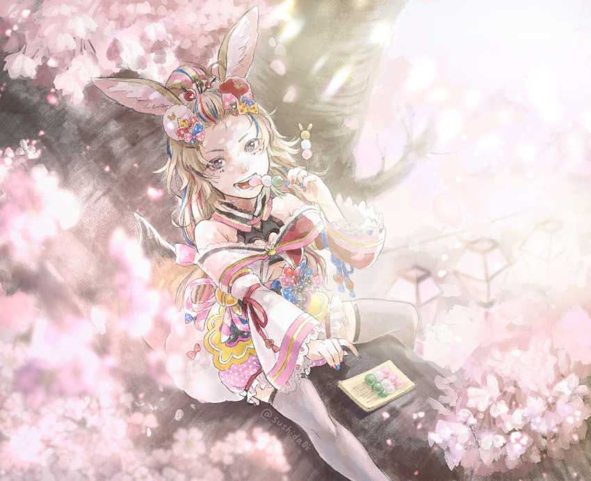 1girl animal_ears bare_shoulders blonde_hair cherry_blossoms dango eating flower food forehead fox_ears fox_girl fox_tail hair_ornament hand_up highlights highres hololive looking_at_viewer makeup multicolored_hair omaru_polka outdoors petals sitting solo sushida0k tail thigh-highs virtual_youtuber wagashi white_legwear