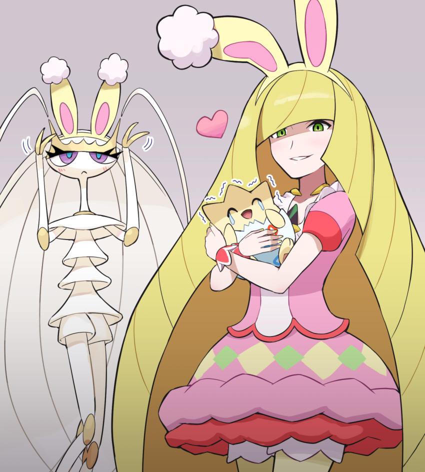 1girl alternate_costume animal_ears bangs blonde_hair commentary_request cosplay cowboy_shot diamond_(shape) easter emerald_(gemstone) fake_animal_ears gen_2_pokemon gen_7_pokemon green_eyes grey_background hairband heart highres holding holding_pokemon long_hair lusamine_(pokemon) may_(pokemon) may_(pokemon)_(cosplay) pantyhose parted_lips pheromosa pokemoa pokemon pokemon_(creature) pokemon_(game) pokemon_masters_ex pokemon_sm purple_shirt purple_skirt shirt short_sleeves simple_background skirt smile togepi trembling ultra_beast very_long_hair wrist_cuffs yellow_hairband yellow_legwear