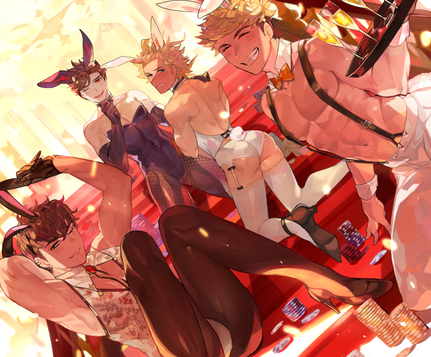 4boys ;d animal_ears areola_slip areolae ass belial_(granblue_fantasy) black_gloves black_hair brown_hair bunny_tail champagne_flute chippendales cleavage_cutout clothing_cutout cup drinking_glass dutch_angle earrings fake_animal_ears fake_tail fishnet_legwear fishnets garter_straps gloves granblue_fantasy grin high_heels highres jewelry kneeling leotard lobelia_(granblue_fantasy) looking_at_viewer looking_back male_focus male_playboy_bunny multiple_boys one_eye_closed open_mouth pantyhose picube525528 poker_chip rabbit_ears siete smile stairs suspenders tail tray undercut vane_(granblue_fantasy) white_legwear