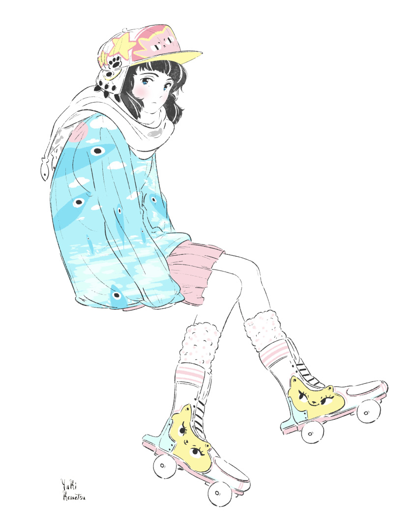 1girl absurdres black_hair blush hat highres invisible_chair kawatsu_yuuki limited_palette long_sleeves original pink_skirt pleated_skirt print_footwear print_shirt roller_skates scarf shirt short_hair signature simple_background sitting skates skirt solo white_background white_scarf