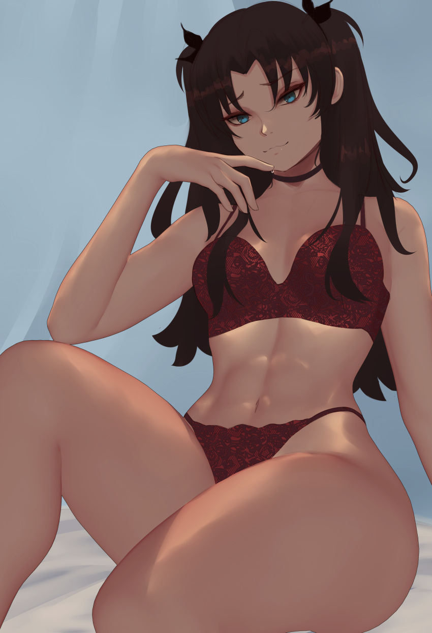 1girl absurdres black_hair blue_background blue_eyes bra fate/stay_night fate/unlimited_blade_works fate_(series) highres lingerie long_hair navel panties red_bra red_panties sitting smile thighs tohsaka_rin twintails underwear zaki_(zaki_btw)