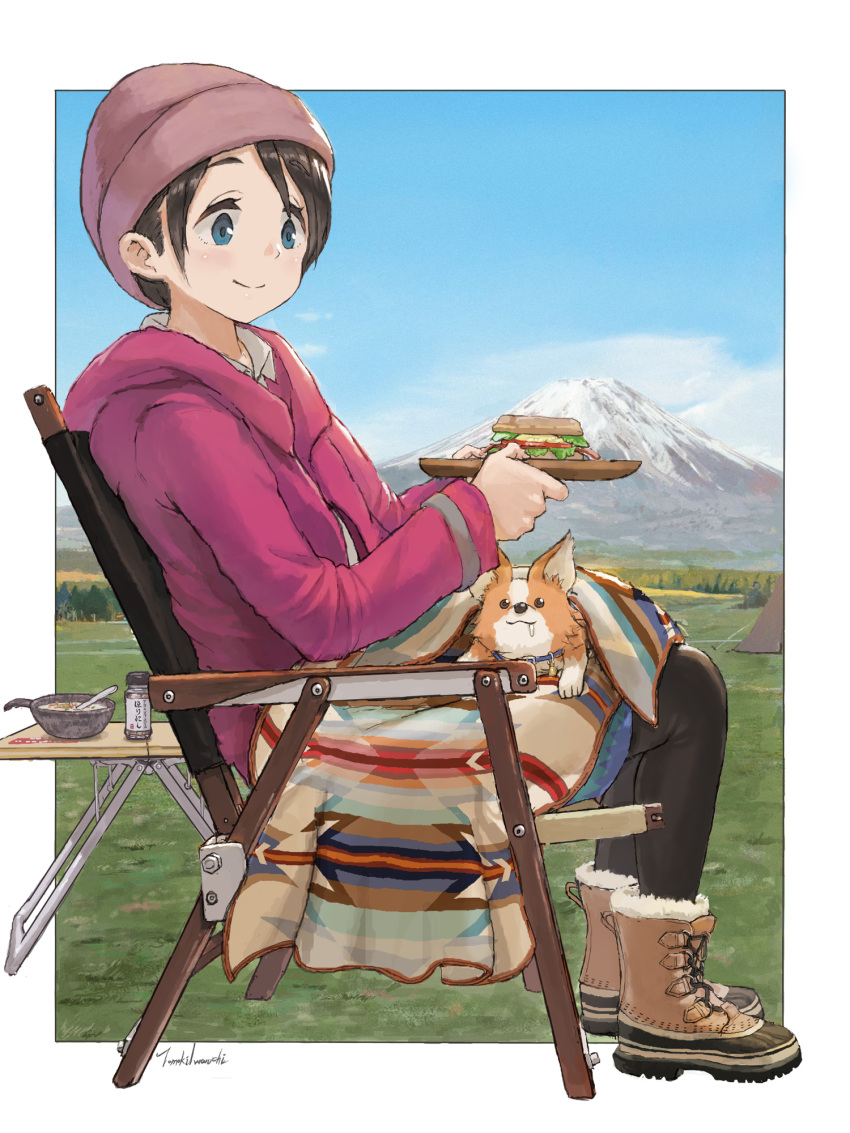 1girl black_hair blanket blue_eyes boots chair chihuahua chikuwa_(yurucamp) day dog drooling folding_chair folding_table food fur_trim hat highres holding iwauchi_tomoki jacket mount_fuji outdoors saitou_ena sandwich short_hair sitting yurucamp