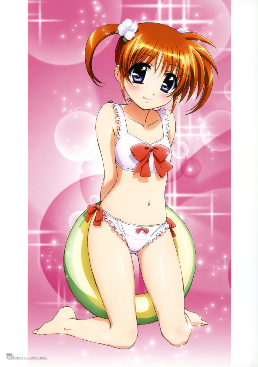 1girl absurdres bikini blue_eyes blush breasts brown_hair closed_mouth collarbone eyebrows_visible_through_hair flower full_body hair_flower hair_ornament highres kneeling looking_at_viewer lyrical_nanoha mahou_shoujo_lyrical_nanoha mahou_shoujo_lyrical_nanoha_a's official_art okuda_yasuhiro shiny shiny_hair short_hair side-tie_bikini simple_background small_breasts smile solo sparkle_background swimsuit swimwear takamachi_nanoha twintails white_bikini
