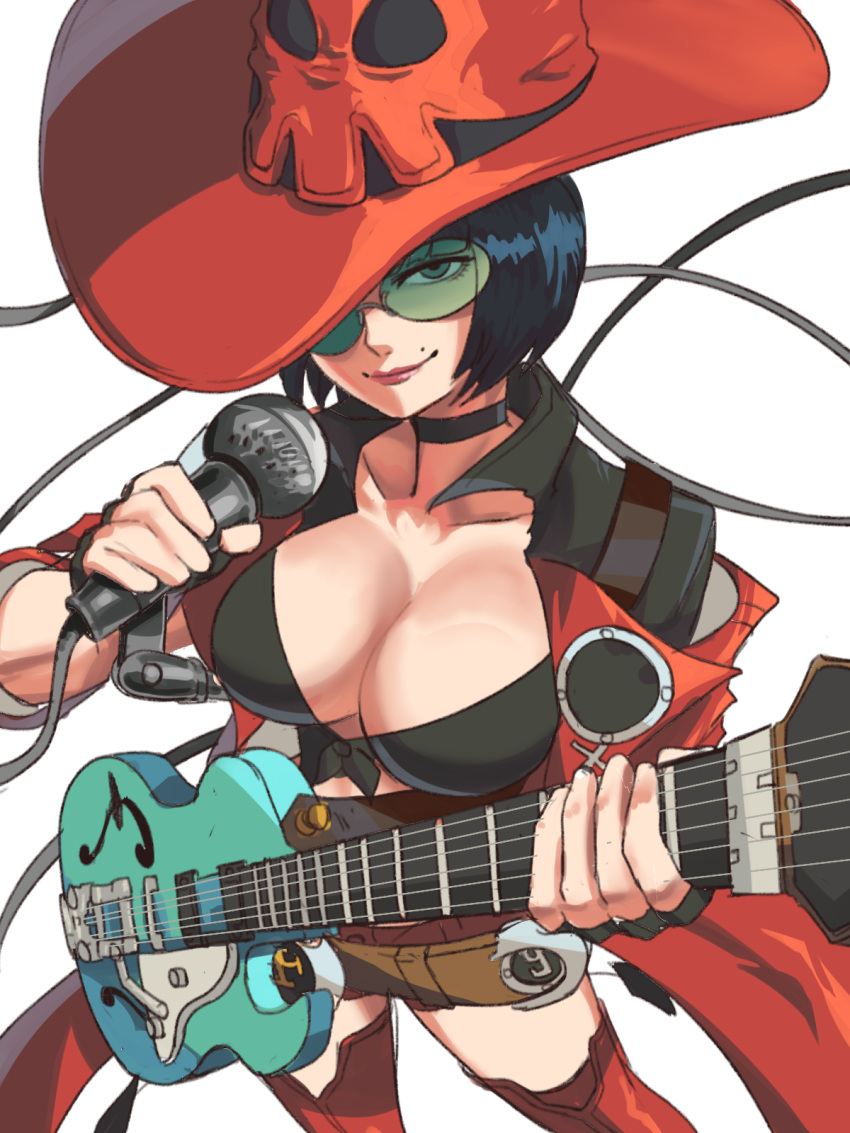 bra breasts glasses guilty_gear guilty_gear_strive guitar hat highres i-no instrument looking_at_viewer microphone string tina_fate underwear witch_hat