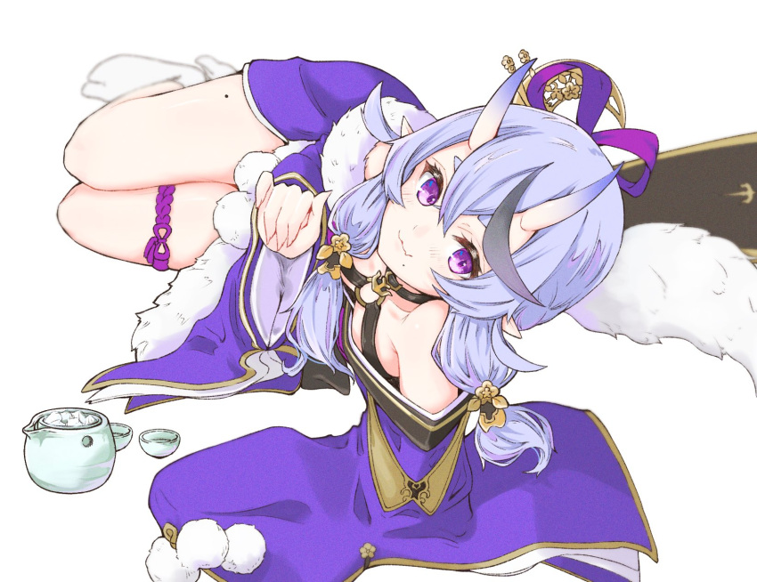 1girl :3 arm_support bare_shoulders black_hair choker commentary crescent crescent_hair_ornament cup foreshortening hair_ornament hair_ribbon hair_tubes highres horns japanese_clothes kimono kobakoba0_0 light_purple_hair long_hair looking_at_viewer lying mole mole_on_thigh mole_under_mouth multicolored_hair nijisanji no_shoes o-ring o-ring_choker on_side oni oni_horns pointy_ears pom_pom_(clothes) purple_kimono purple_ribbon ribbon rindou_mikoto short_eyebrows short_kimono simple_background skin-covered_horns sleeves_past_wrists smile socks solo streaked_hair symbol_commentary tabi thick_eyebrows thigh_strap violet_eyes virtual_youtuber white_background wide_sleeves