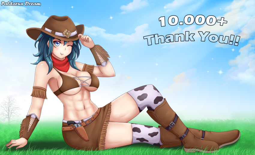 1girl abs alternate_costume animal_print blue_eyes boots breasts byleth_(fire_emblem) byleth_eisner_(female) cow_print cowboy_hat fire_emblem fire_emblem:_three_houses gun hat highres large_breasts looking_at_viewer medium_hair one_eye_closed patdarux sideboob sitting smile solo under_boob weapon western