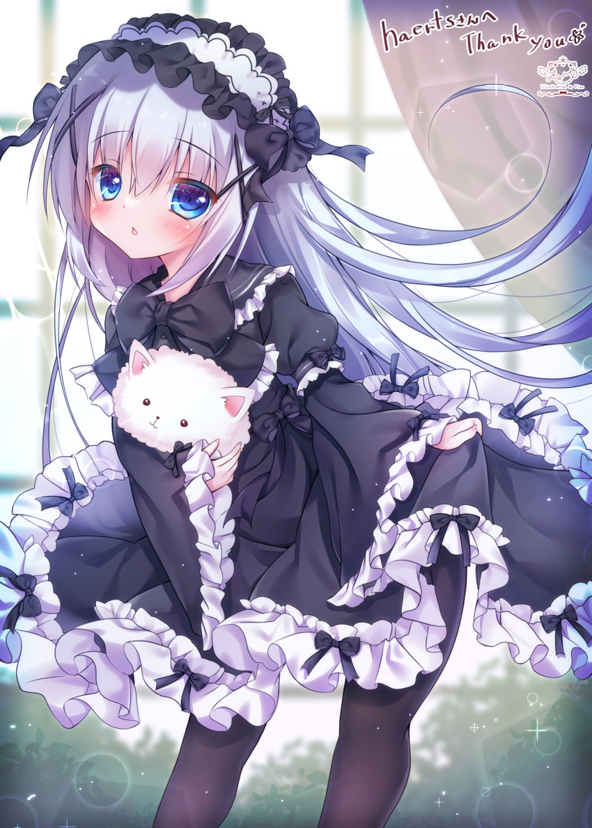 1girl angora_rabbit animal bangs black_bow black_dress black_legwear blue_eyes blurry blurry_background blush bow chestnut_mouth commentary_request commission curtains depth_of_field dress eyebrows_visible_through_hair frilled_dress frilled_sleeves frills fuxiyu gochuumon_wa_usagi_desu_ka? gothic_lolita hair_between_eyes hair_ornament hairclip highres holding holding_animal juliet_sleeves kafuu_chino leaning_forward lolita_fashion long_hair long_sleeves looking_at_viewer pantyhose parted_lips puffy_sleeves rabbit silver_hair skeb_commission sleeves_past_wrists thank_you tippy_(gochiusa) very_long_hair wide_sleeves window x_hair_ornament