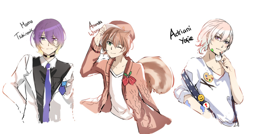 3boys absurdres adriani_yofie airani_iofifteen airani_iofifteen_(artist) ananda_wisnu animal_ears ayunda_risu bangs blonde_hair blue_hair blue_neckwear brown_cardigan brown_hair cardigan character_name collarbone collared_shirt genderswap genderswap_(ftm) gradient_hair highres holding holding_pen hololive hololive_indonesia looking_at_viewer male_focus mamank_hoshinov moona_hoshinova multicolored_hair multiple_boys necktie one_eye_closed overalls paint_on_face pen pink_hair purple_hair shirt short_hair smile squirrel_boy squirrel_ears squirrel_tail tail virtual_youtuber white_background