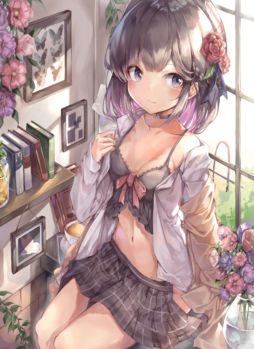1girl absurdres babydoll bangs bare_shoulders black_choker black_hair black_skirt blush book braid breasts brown_jacket choker closed_mouth collarbone collared_shirt commentary_request eyebrows_behind_hair flower grey_eyes hair_flower hair_ornament hand_up highres indoors jacket long_sleeves looking_at_viewer matutoki_nara05 multicolored_hair navel off_shoulder open_clothes open_jacket open_shirt original picture_frame pink_hair pleated_skirt purple_flower red_flower red_rose rose shelf shirt sitting skirt sleeves_past_wrists small_breasts solo two-tone_hair vase white_shirt window