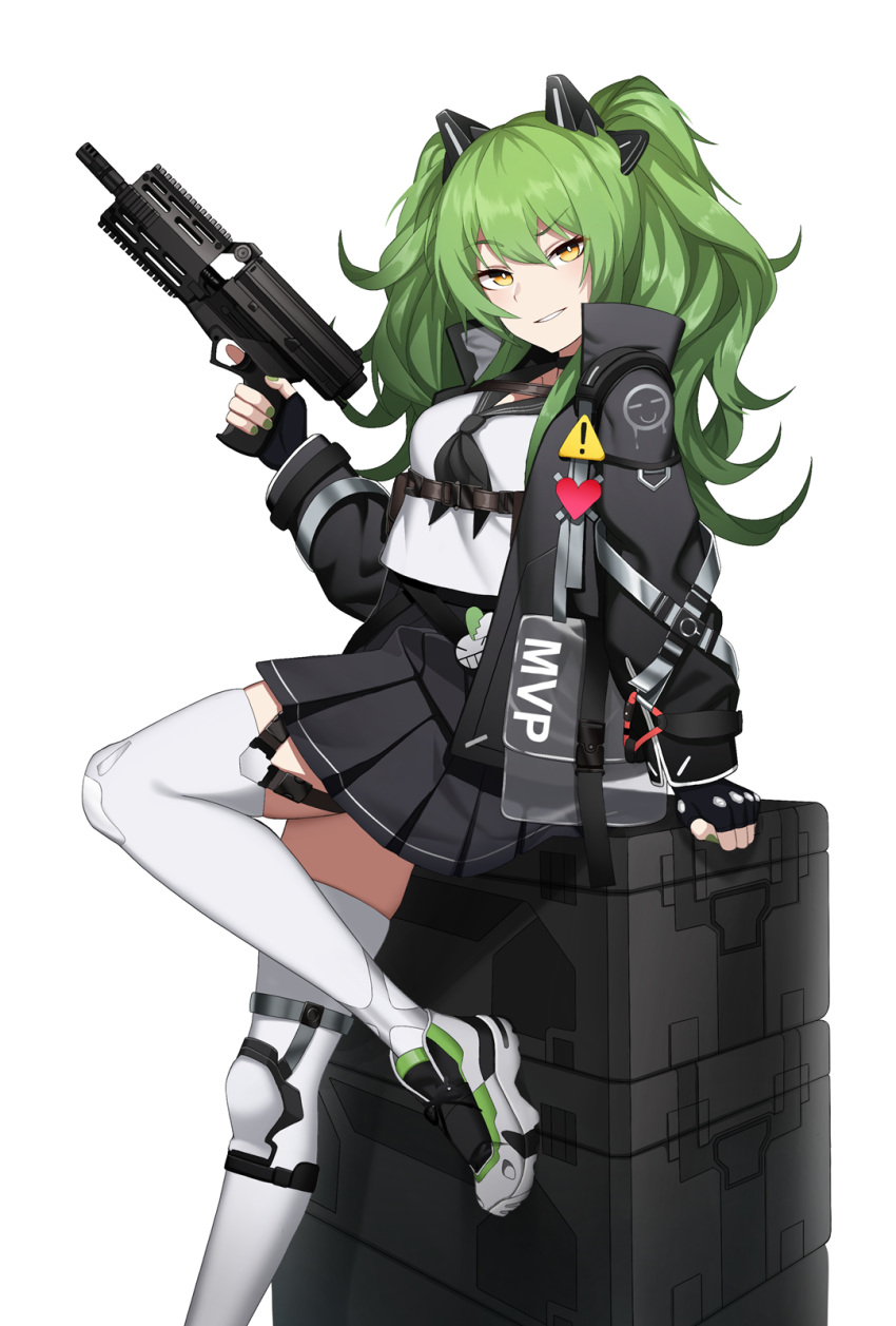 1girl bangs black_jacket black_skirt blush case cero_(last2stage) eyebrows_visible_through_hair foot_out_of_frame girls_frontline green_hair green_nails gun heart highres holding holding_gun holding_weapon jacket leaning_on_object long_hair long_sleeves looking_at_viewer m950a_(girls_frontline) mod3_(girls_frontline) nail_polish official_alternate_costume parted_lips pleated_skirt school_uniform shirt shoes simple_background skirt smile solo thigh-highs twintails weapon white_background white_footwear white_legwear white_shirt yellow_eyes