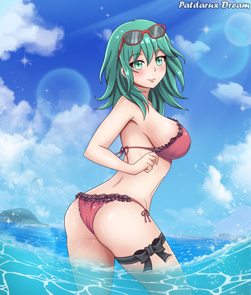 1girl absurdres alternate_costume ass bikini blush breasts byleth_(fire_emblem) byleth_eisner_(female) eyewear_on_head fire_emblem fire_emblem:_three_houses green_eyes green_hair highres large_breasts looking_at_viewer medium_hair ocean patdarux red_bikini smile solo summer sunglasses swimsuit swimwear