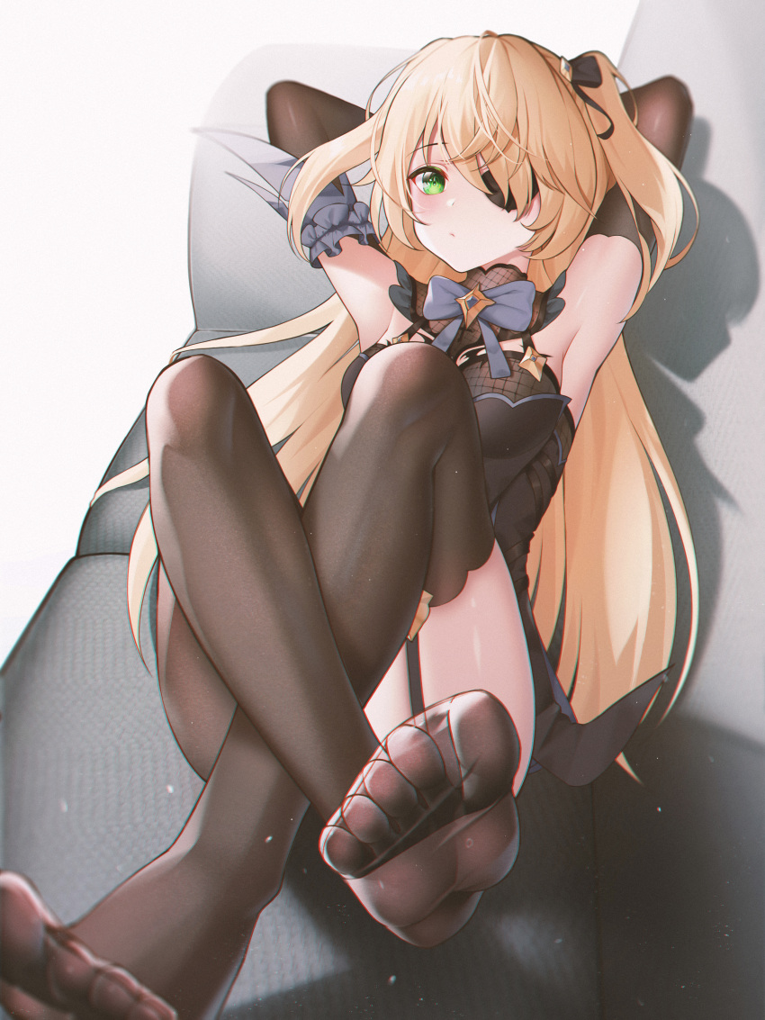1girl absurdres armpits arms_behind_head arms_up bangs bare_shoulders black_legwear blonde_hair blue_neckwear blush bow bowtie breasts brooch chromatic_aberration cjw01 closed_mouth couch dot_nose elbow_gloves eyepatch fischl_(genshin_impact) fishnets garter_straps genshin_impact gloves green_eyes hair_over_one_eye hair_ribbon high_collar highres jewelry long_hair looking_at_viewer lying no_shoes on_back pantyhose ribbon simple_background single_thighhigh sleeve_garter small_breasts soles solo symbol_commentary thigh-highs thighs two_side_up white_background