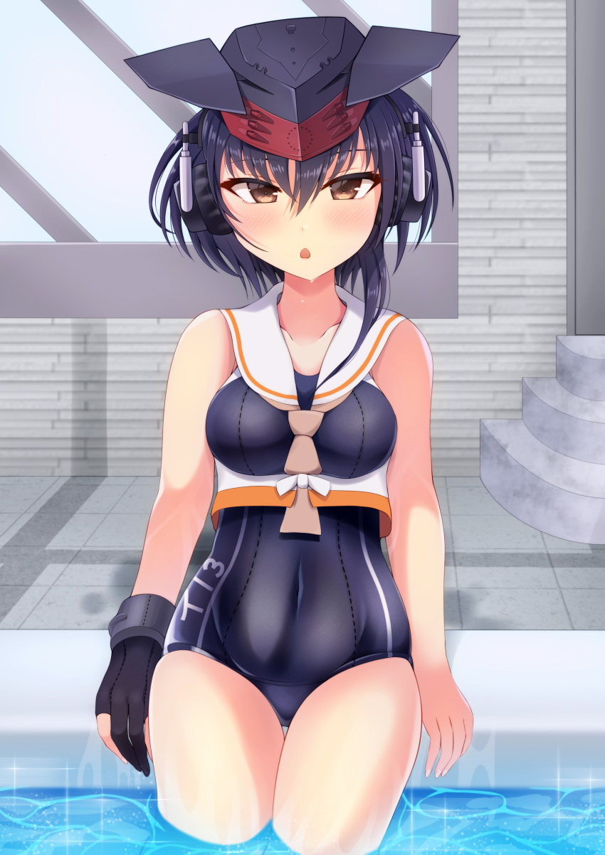 1girl absurdres asymmetrical_hair black_hair blue_swimsuit breast_cutout breasts brown_eyes cosplay framed_breasts gloves hair_between_eyes headphones highres i-13_(kancolle) i-13_(kancolle)_(cosplay) indoors kantai_collection otobi partially_fingerless_gloves partially_submerged pool poolside rei_no_pool sailor_collar school_swimsuit short_hair single_glove small_breasts solo swimsuit