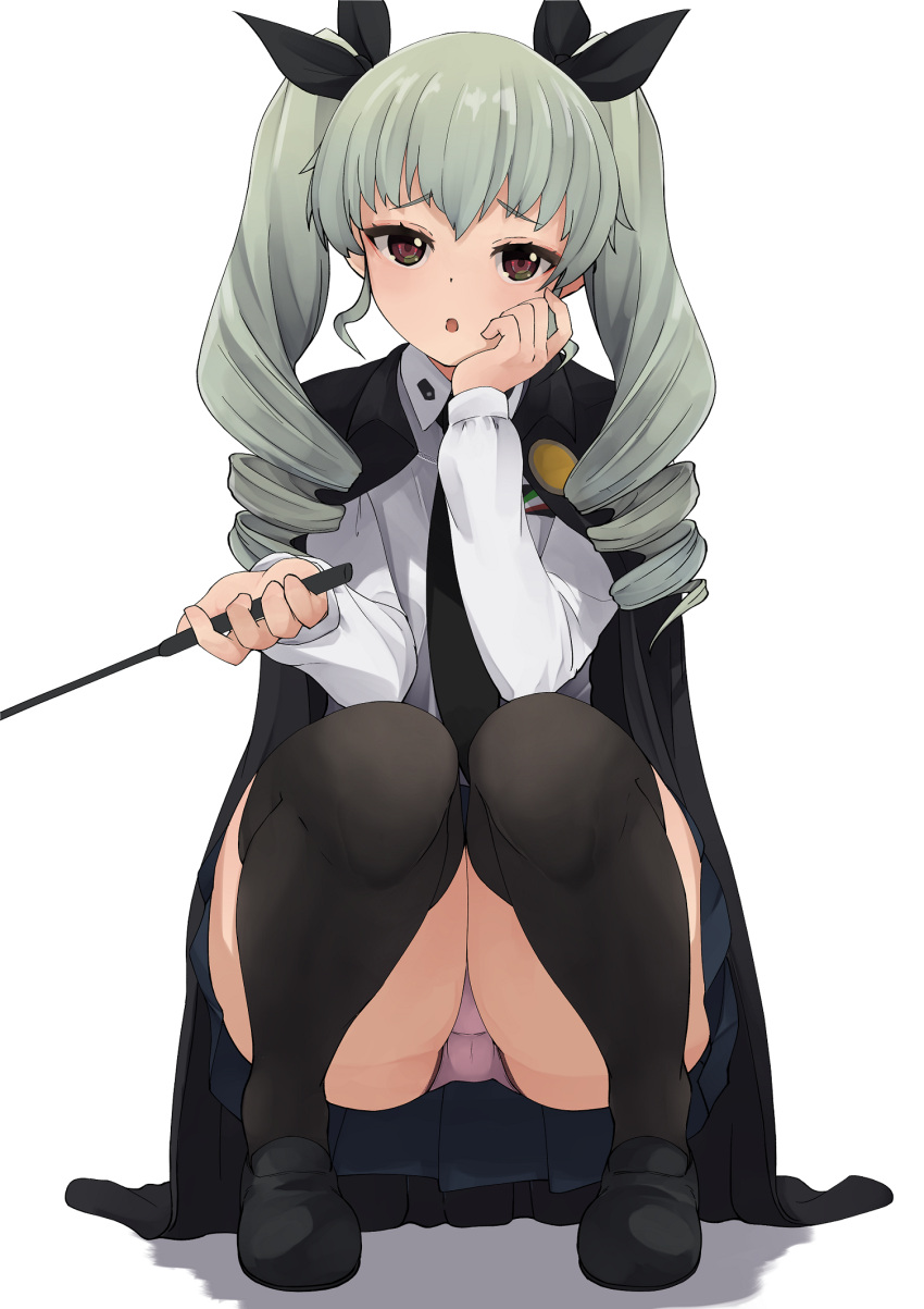1girl alternate_legwear anchovy_(girls_und_panzer) anzio_school_uniform bangs black_cape black_footwear black_legwear black_neckwear black_ribbon black_skirt brown_eyes cape commentary crotch_seam dress_shirt drill_hair frown full_body girls_und_panzer green_hair grey_panties hair_ribbon head_rest highres holding kakimoto_nao loafers long_hair long_sleeves looking_at_viewer miniskirt necktie open_mouth panties pantyshot pleated_skirt red_eyes ribbon riding_crop school_uniform shadow shirt shoes skirt solo squatting textless thigh-highs twin_drills twintails underwear white_shirt wing_collar