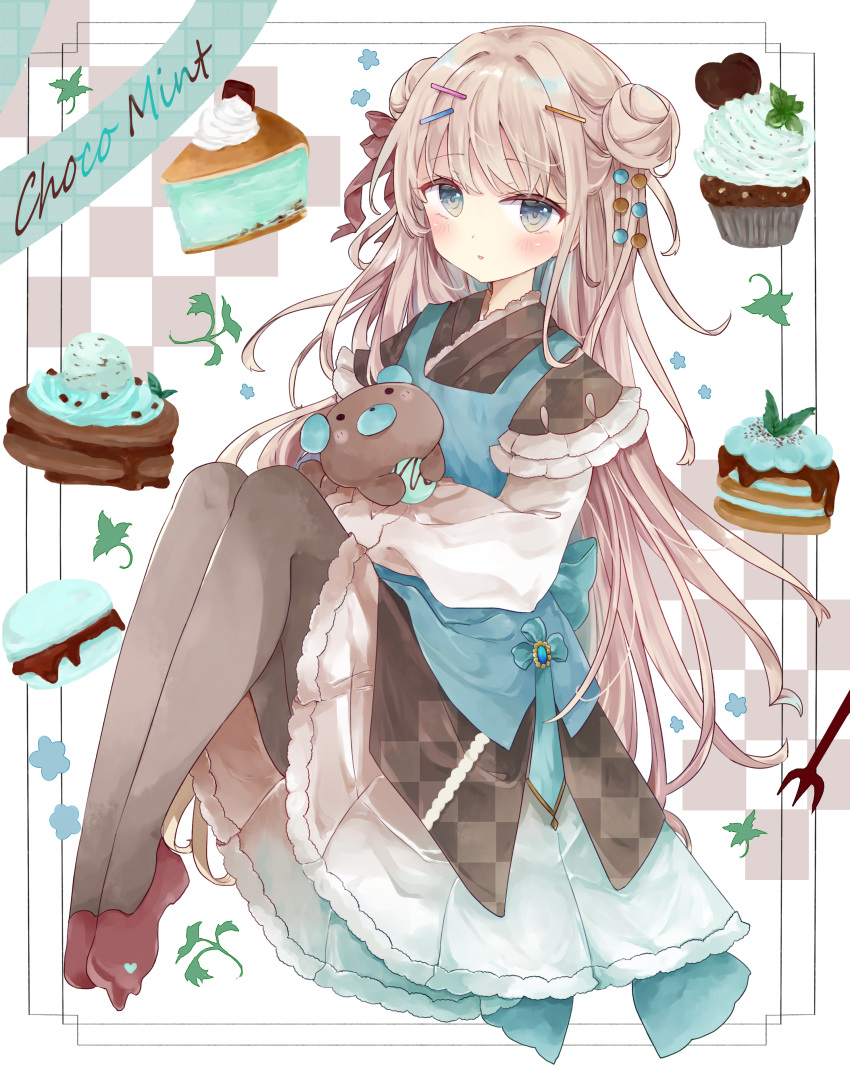 1girl absurdres apron black_kimono black_legwear blue_apron blue_eyes blush brown_footwear brown_hair checkered checkered_background chocolate_mint commentary_request cupcake double_bun food fork full_body hair_ornament hairclip highres japanese_clothes kimono knees_up long_hair long_sleeves looking_at_viewer macaron object_hug original pantyhose parted_lips shirt shoes skirt solo stuffed_animal stuffed_toy teddy_bear tsukiyo_(skymint) very_long_hair white_shirt white_skirt