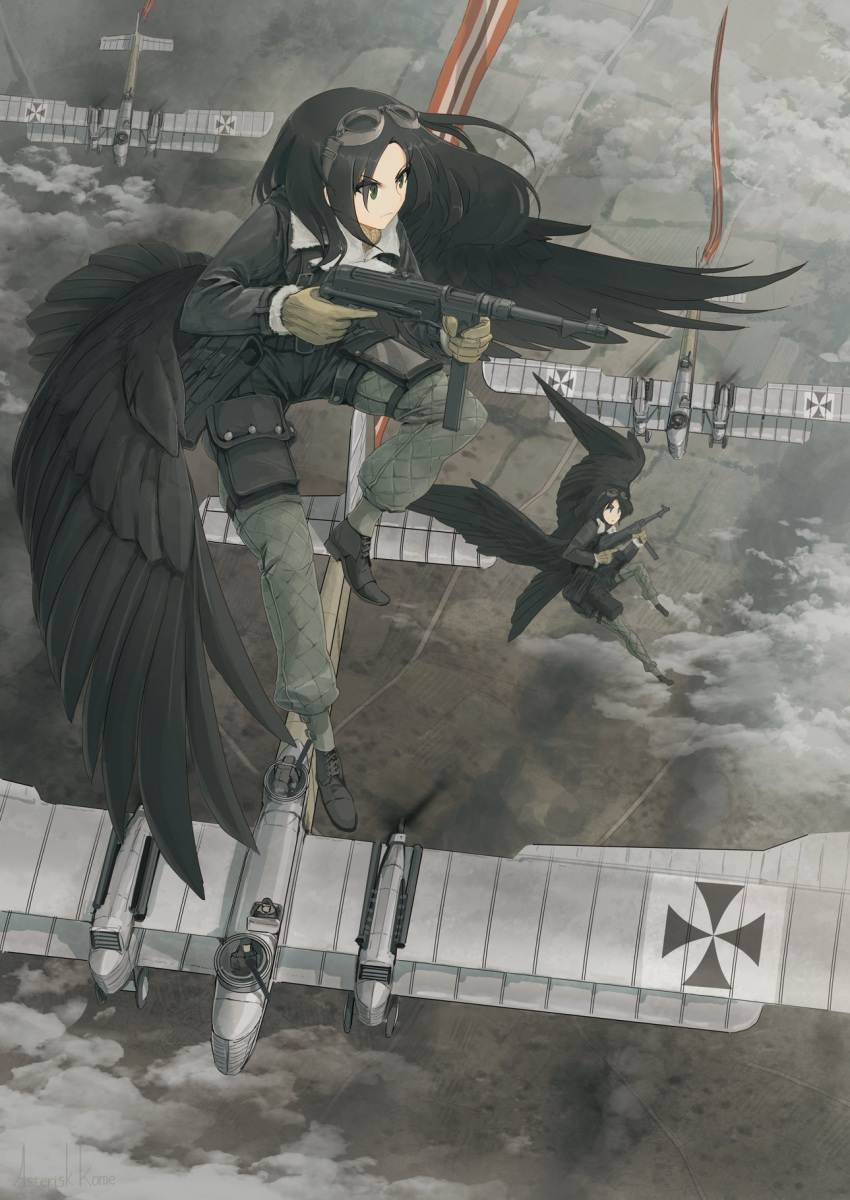 2girls aircraft airplane asterisk_kome belt_pouch black_footwear black_hair black_jacket black_wings bomber_jacket brown_gloves clouds feathered_wings flying full_body gloves goggles goggles_on_head green_pants gun highres holding holding_weapon iron_cross jacket laura_jumo long_hair mp40 multiple_girls pants pouch submachine_gun weapon winged_fusiliers wings