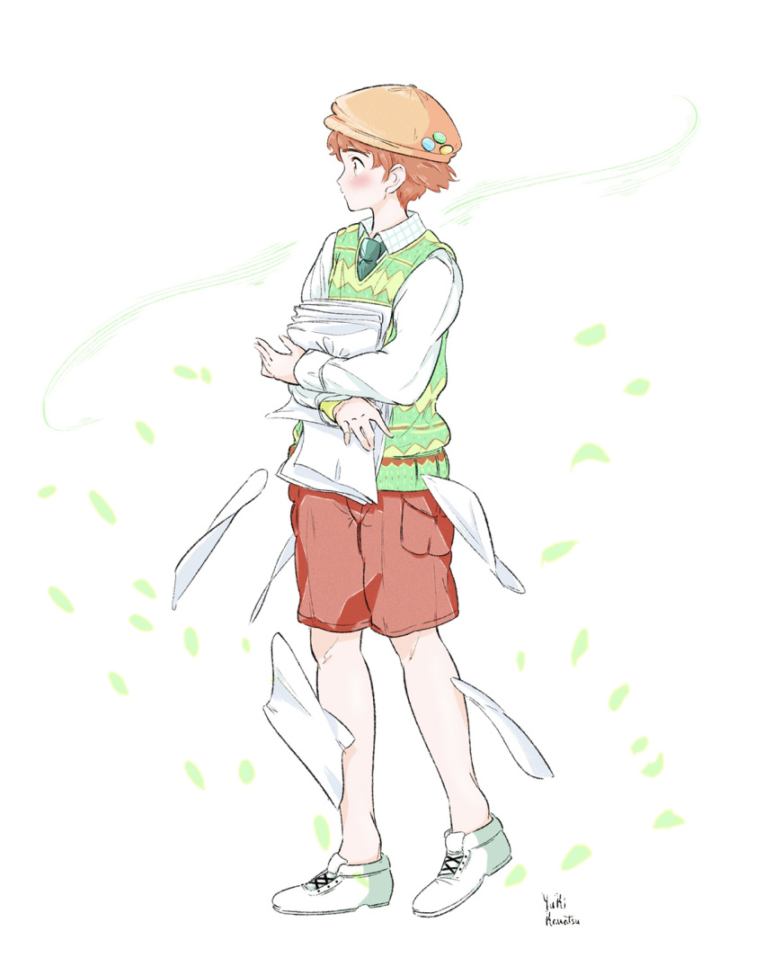 1boy blush full_body green_neckwear green_vest hat highres holding holding_paper kawatsu_yuuki necktie orange_headwear original paper red_shorts shadow shirt shoes shorts solo standing vest white_footwear white_shirt