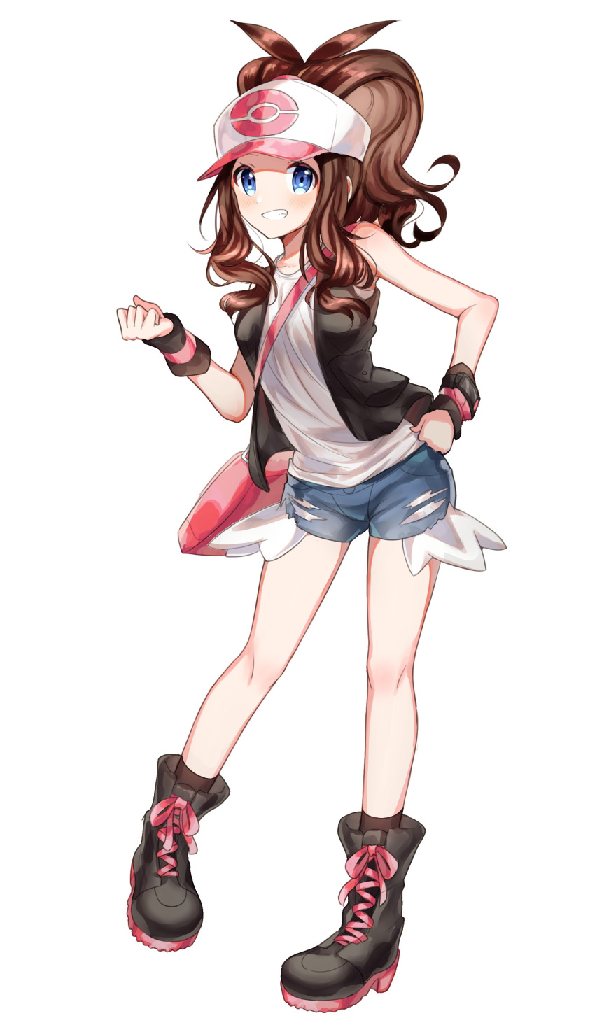 1girl absurdres bangs baseball_cap black_footwear black_vest blue_eyes boots breasts brown_hair commentary curly_hair denim full_body grin hand_on_hip hat high_ponytail highres hilda_(pokemon) knee_boots long_hair looking_at_viewer pink_bag pokemon pokemon_(game) pokemon_bw ponytail shirt short_shorts shorts sidelocks sleeveless sleeveless_shirt small_breasts smile snowsakurachan solo standing torn_clothes torn_shorts vest white_shirt