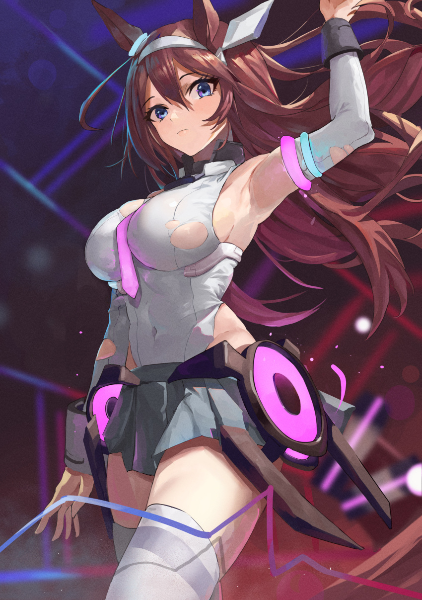 1girl absurdres animal_ears arm_up armpits bare_shoulders blue_eyes blush breasts brown_hair closed_mouth covered_navel cowboy_shot detached_sleeves grey_leotard grey_skirt hair_between_eyes hair_ornament hairband highres hirasawagitai horse_ears horse_girl large_breasts leotard long_sleeves looking_at_viewer mihono_bourbon_(umamusume) necktie pleated_skirt purple_neckwear skirt solo thigh-highs thighs torn_clothes torn_leotard umamusume white_legwear